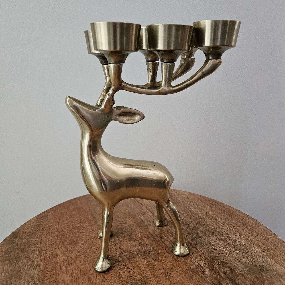 Vintage Brass Reindeer Six Tealight Candleholder 10.25"
